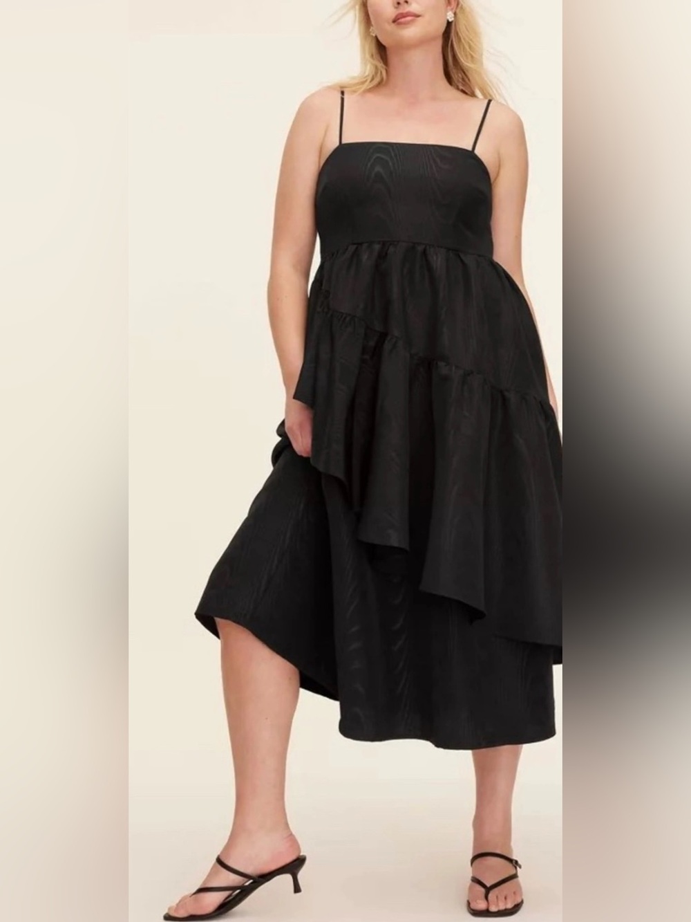 Black Asymmetric Ruffle Midi Dress with Spaghetti Straps